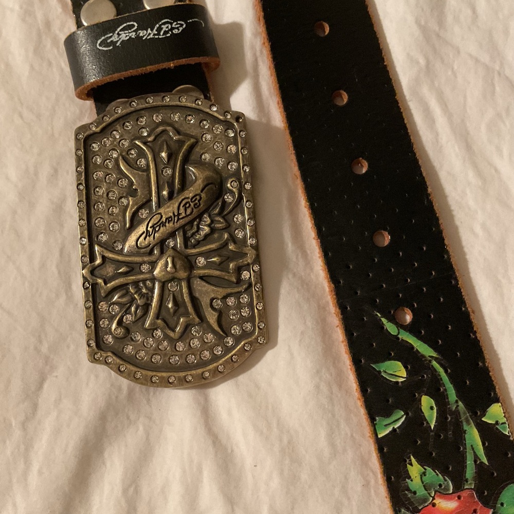 Ed Hardy Black Belt with Ornate Silver Buckle